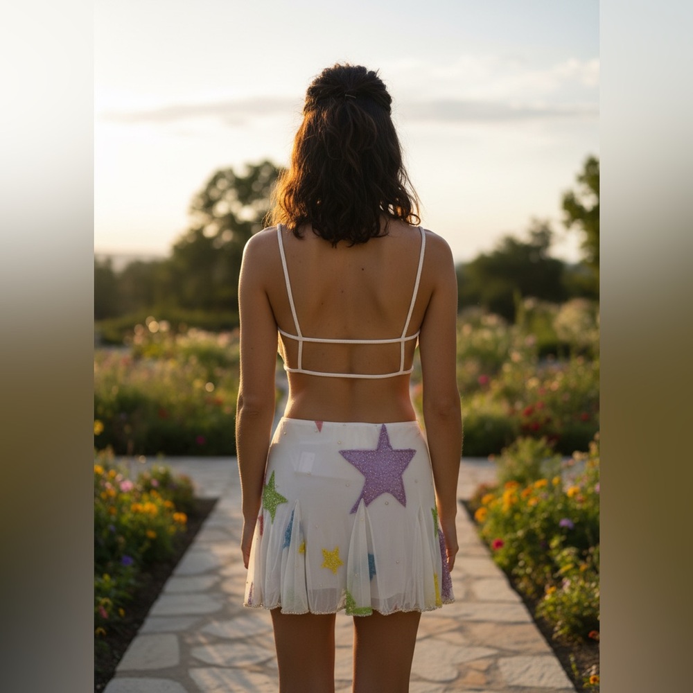 Hand beaded on stretch Mesh White Star Print Ruffle Front Crop Top & Skirt Set - Picture 3 of 9